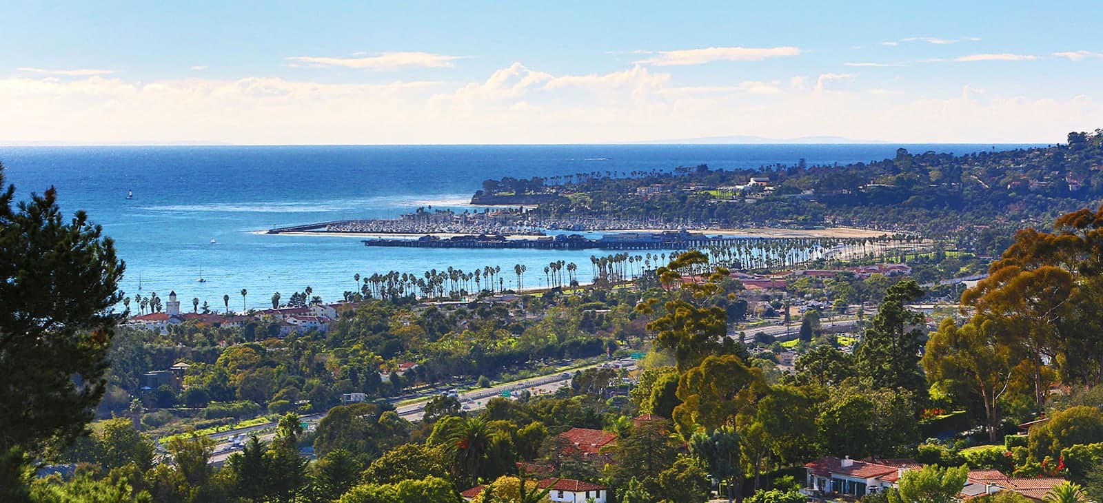 The Santa Barbara coastline, harbour and Stearns Wharf seen from the foothills